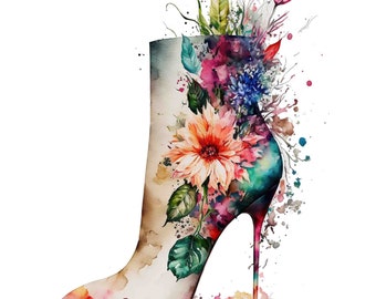 Watercolor Floral Boot, Digital Art Print / Instant Download Printable ArtCommercial Use