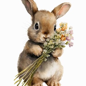 Watercolor Bunny with Flowers Art, wall art, Digital Art Print / Instant Download Printable Art Commercial Use