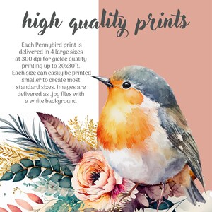 May include: A watercolor painting of a robin perched on a branch with pink and green flowers. The text "high quality prints" is at the top of the image. The text below the image describes the print sizes and quality.