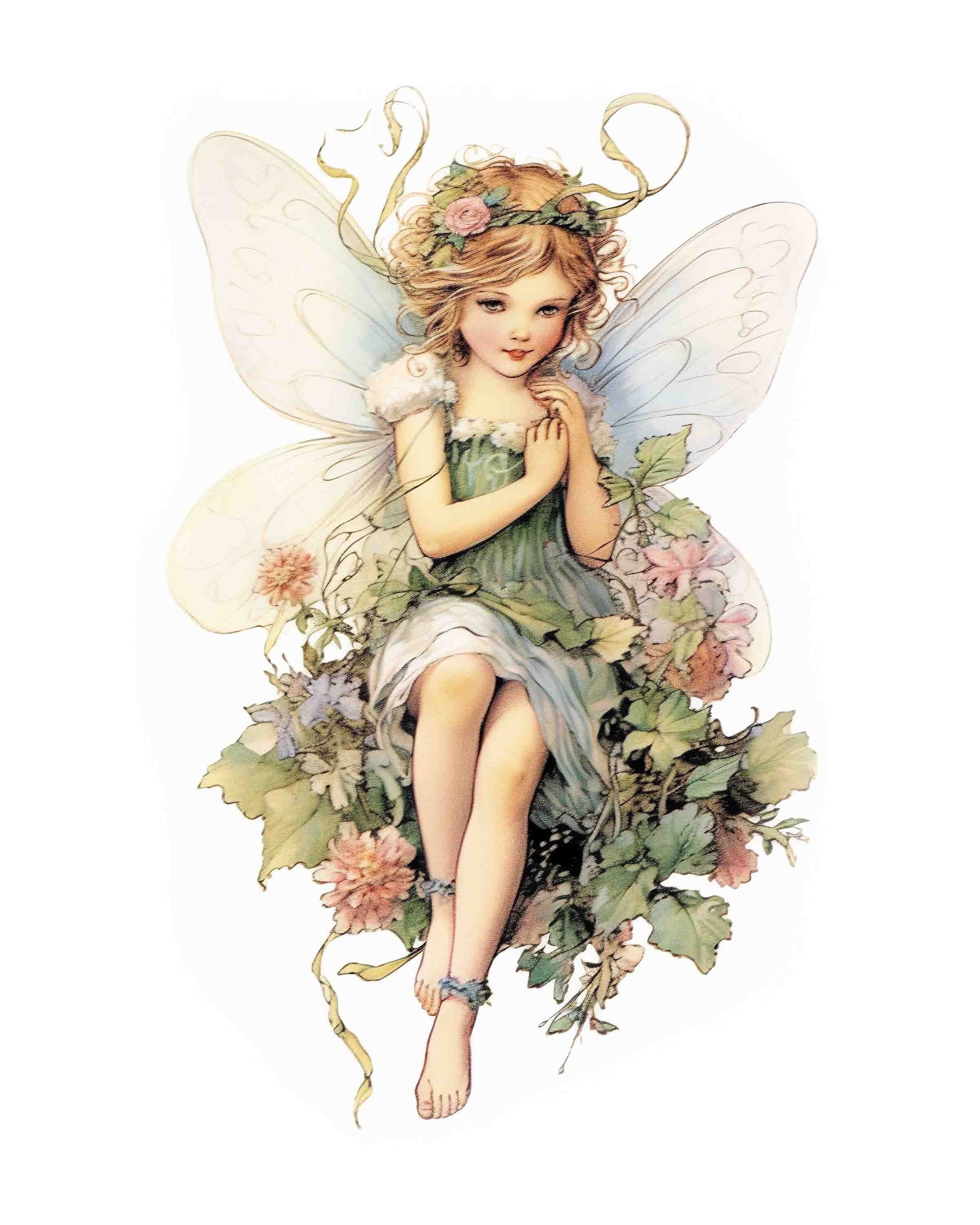 Watercolor Vintage Style White Daisy Flower Fairy Digital Art Print