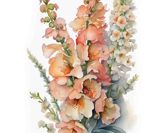 Impression aquarelle pêche muflier, art bouquet floral (téléchargement numérique)