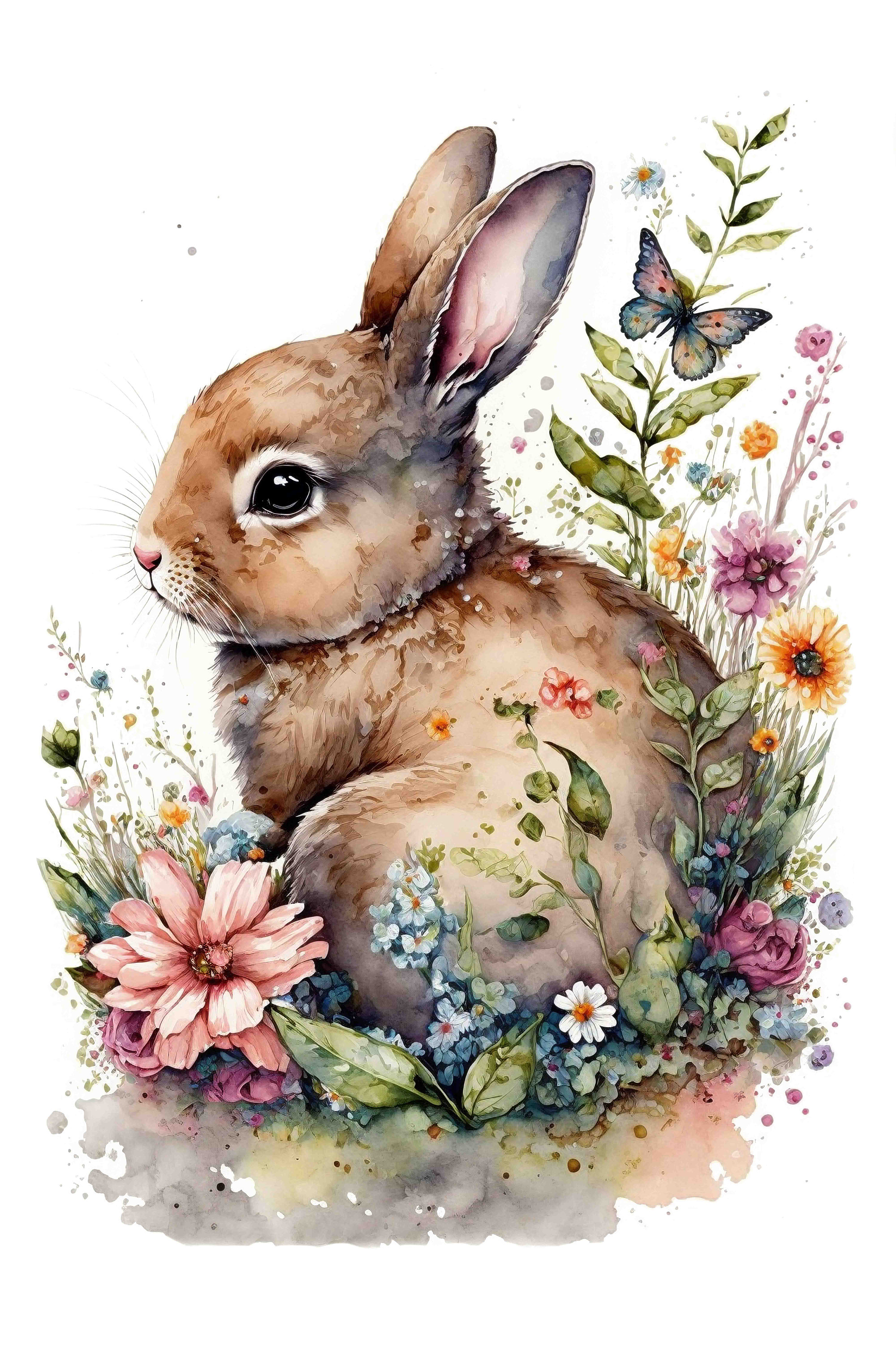 水彩壁絵watercolor“The Chilling Bunny Bunny” Watercolor Bunny Floral Art Print, Easter Wall Decor (digital