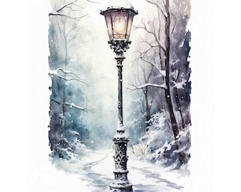 冬の街灯の水彩画、クリスマスデコレーション（デジタルダウンロード