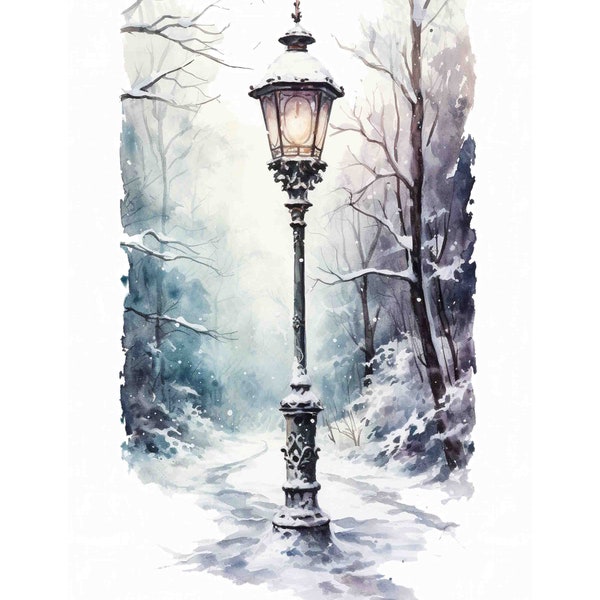 Watercolor lamp post in the woods, Narnia Christmas Decor Digital Art Print / Instant Download Printable Art Commercial Use