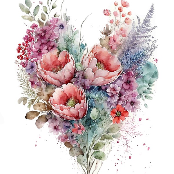 Watercolor Floral Heart Digital Art Print / Instant Download Printable ArtCommercial Use