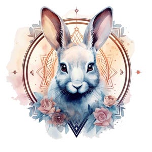 Watercolor Bunny with Flowers Art, wall art, Digital Art Print / Instant Download Printable Art Commercial Use