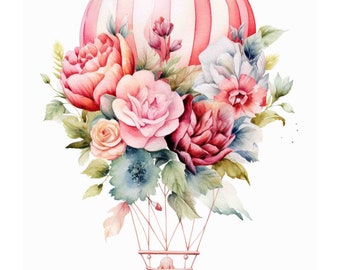 Watercolor Floral Hot Air Balloon Digital Art Print / Instant Download Printable ArtCommercial Use