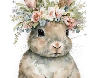 Watercolor Adorable Baby Bunny With Flower Crown, Easter