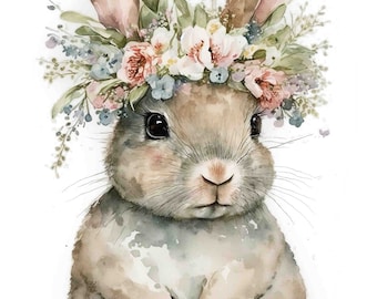 Watercolor Adorable Baby bunny with Flower Crown, easter wall art, Digital Art Print / Instant Download Printable ArtCommercial Use