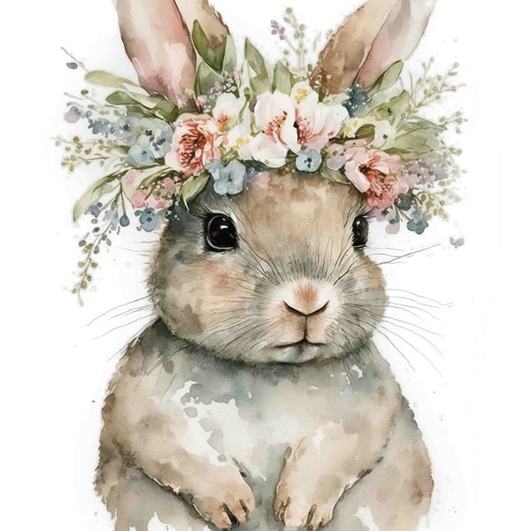 Watercolor Adorable Baby bunny with Flower Crown, easter wall art, Digital Art Print / Instant Download Printable ArtCommercial Use