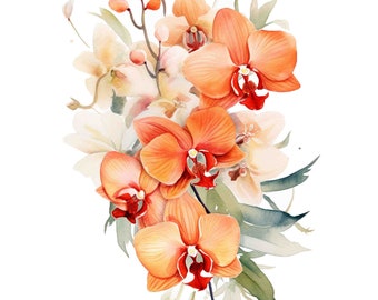 Watercolor Peach Orchid bouquet, Spring Flower Digital Art Print / Instant Download Printable Art Commercial Use