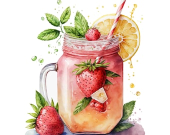 Watercolor Pink Strawberry Lemonade glass Digital Art Print / Instant Download Printable ArtCommercial Use