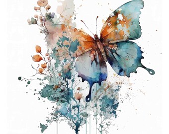 Impresión de mariposa en acuarela, arte floral abstracto, decoración infantil azul (descarga digital)