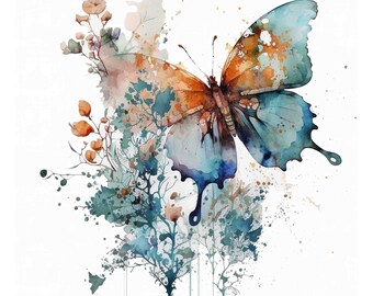 Watercolor Abstract Blue Butterfly with Flowers, nursery art, Digital Art Print / Instant Download Printable Art Commercial Use