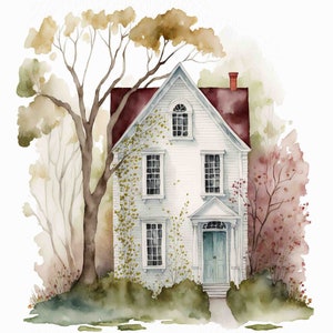 Watercolor Country Cottage Digital Art Print / Instant Download Printable ArtCommercial Use