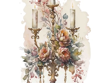 Watercolor Floral Candelabra Romantic Digital Art Print / Instant Download Printable ArtCommercial Use