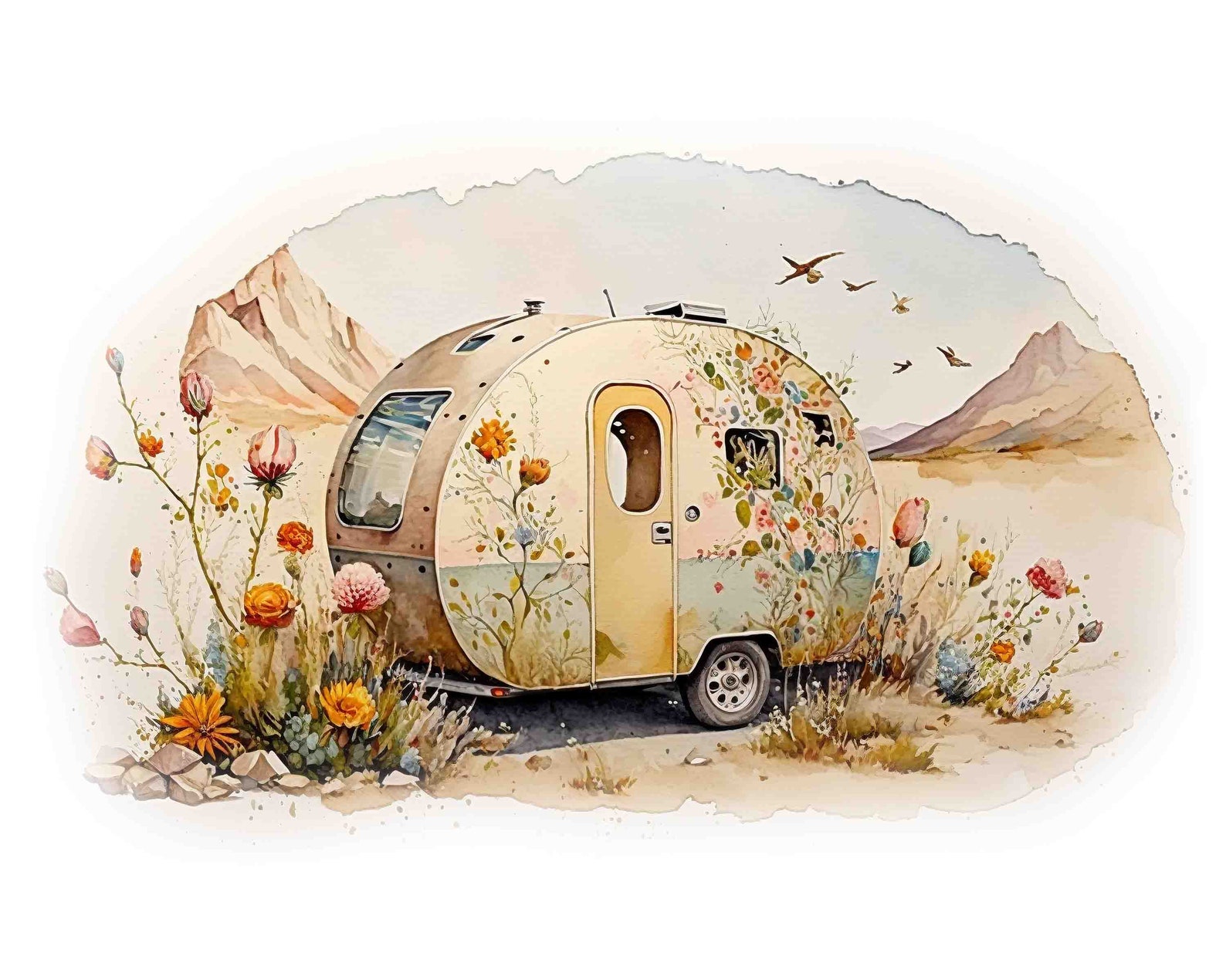 Watercolor Floral Camper, Digital Art Print / Instant Download ...