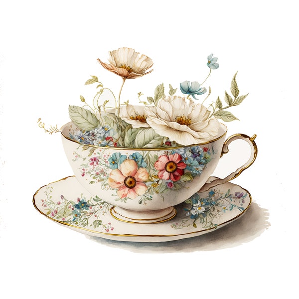 Watercolor Floral Teacup  Digital Art Print / Instant Download Printable Art Commercial Use