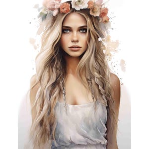 Watercolor Boho Woman Portrait, Digital Art Print / Instant Download Printable ArtCommercial Use