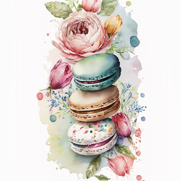 Macarons floraux aquarelle impression d'Art numérique / Téléchargement instantané Art imprimable Utilisation commerciale