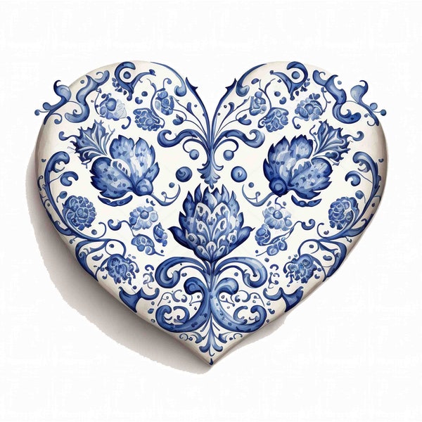 Watercolor Delft Blue and White China Heart Digital Art Print / Instant Download Printable ArtCommercial Use