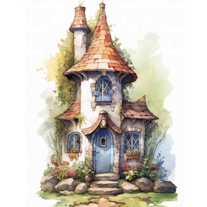 Watercolor Fairytale Cottage Digital Art Print / Instant Download Printable Art Commercial Use