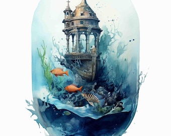Watercolor Aquarium Digital Art Print / Instant Download Printable Art Commercial Use