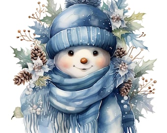 Watercolor Blue Snowman, Digital Art Print / Instant Download Printable Art Commercial Use