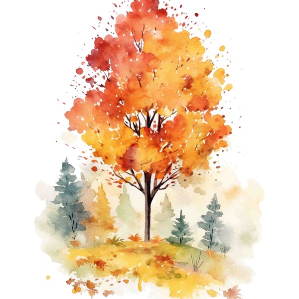 Watercolor Autumn Forest Vignette, Fall Nature Digital Art Print / Instant Download Printable ArtCommercial Use