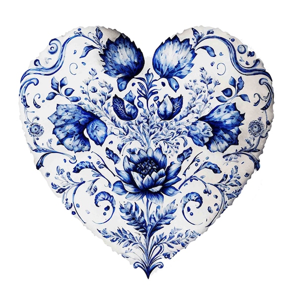 Watercolor Delft Blue and White China Heart Digital Art Print / Instant Download Printable ArtCommercial Use