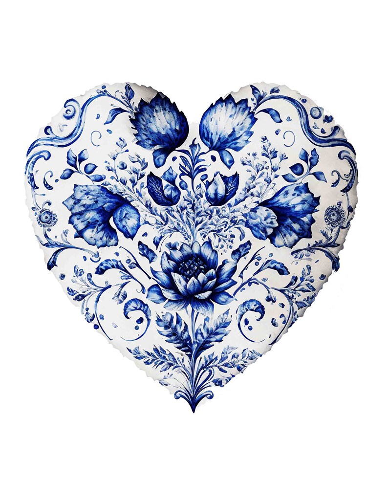 Watercolor Delft Blue and White China Heart Digital Art Print / Instant Download Printable ArtCommercial Use image 1