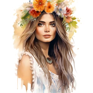 Watercolor Boho Woman Portrait, Digital Art Print / Instant Download Printable ArtCommercial Use