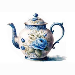 Könnte beinhalten: Eine weiße Teekanne mit einem blauen und weißen Blumendesign. Die Teekanne hat einen runden Körper, einen Ausguss, einen Henkel und einen Deckel. Das Blumendesign zeigt blaue Rosen und Blätter.