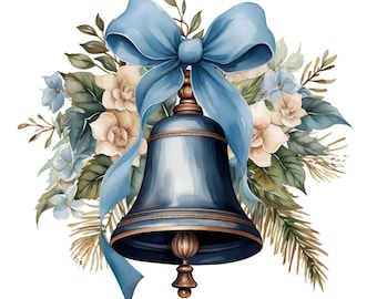 Watercolor Blue Christmas Bell, Winter Holiday Digital Art Print / Instant Download Printable Art Commercial Use