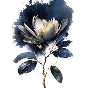 Watercolor Navy Magnolia Digital Art Print / Instant Download Printable Art Commercial Use