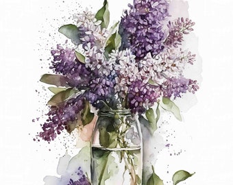 Watercolor Lilac Bouquet Art Print, Floral Still Life (Digital Download)