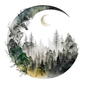 Pode incluir: Pintura em aquarela de uma lua crescente com estrelas, enquadrando uma floresta verde escura com &aacute;rvores altas. A lua &eacute; de cor amarelo p&aacute;lido e a floresta &eacute; pintada em tons de verde, preto e cinza.