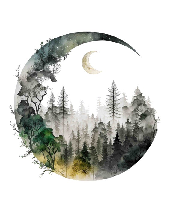 Watercolor Forest Moon Digital Art Print / Instant Download Printable ArtCommercial Use