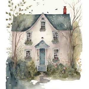 Watercolor Country Cottage Digital Art Print / Instant Download Printable ArtCommercial Use