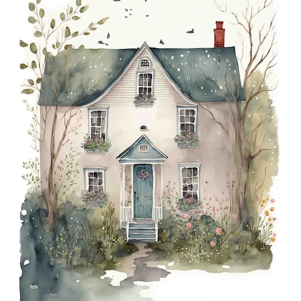 Watercolor Country Cottage Digital Art Print / Instant Download Printable ArtCommercial Use