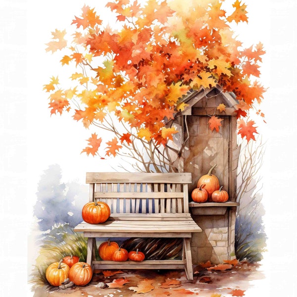 Watercolor Autumn Bench Vignette, Fall Nature Digital Art Print / Instant Download Printable Art Commercial Use