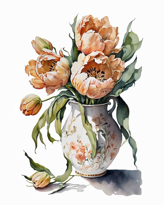 Watercolor Peach Tulip Bouquet Art Print (Digital Download)