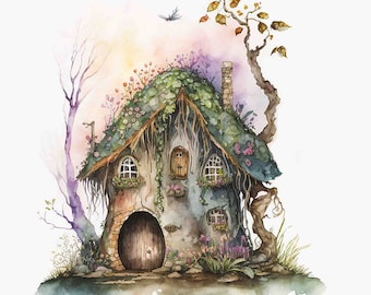 May include: A watercolor painting of a whimsical, moss-covered house with a brown door and windows. The house is surrounded by lush greenery and flowers, and a small bird flies overhead.