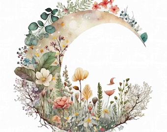 Watercolor Floral Moon Digital Art Print / Instant Download Printable ArtCommercial Use