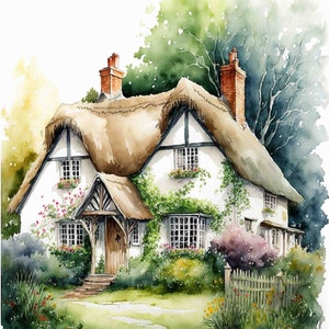 Watercolor Country Cottage Digital Art Print / Instant Download Printable ArtCommercial Use