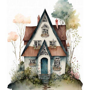 Watercolor Country Cottage Digital Art Print / Instant Download Printable ArtCommercial Use