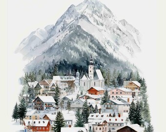 Watercolor Snowy Winter Village, Digital Art Print / Instant Download Printable ArtCommercial Use