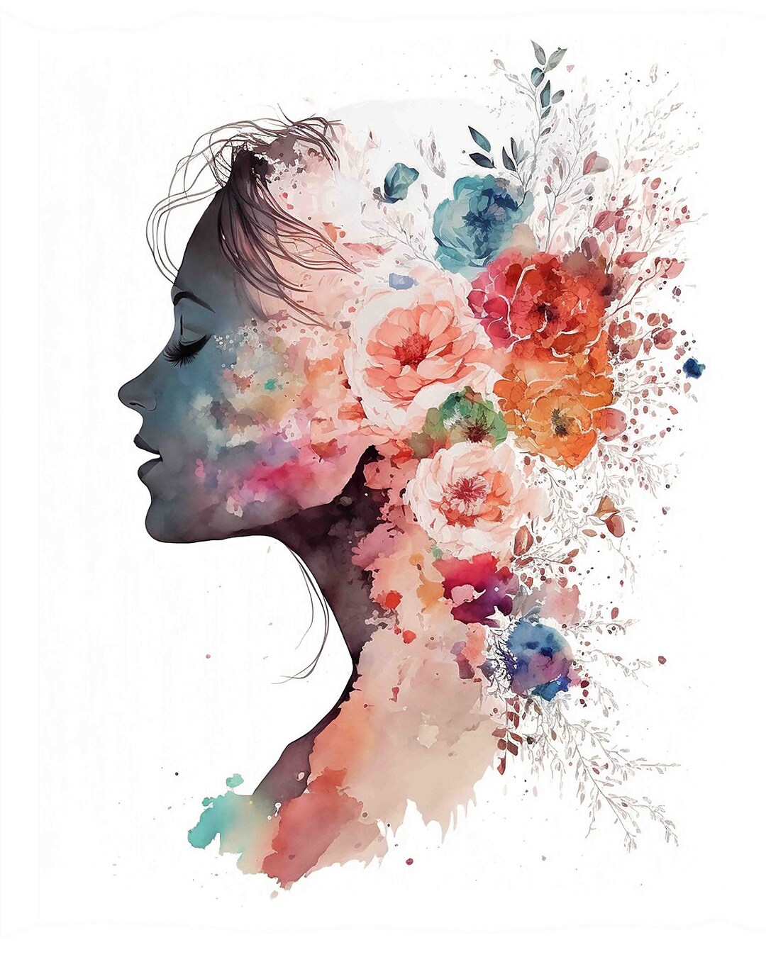 Watercolor Floral Woman Portrait Digital Art Print / Instant Download ...