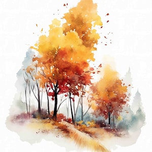 Watercolor Autumn Forest Vignette, Fall Nature Digital Art Print / Instant Download Printable ArtCommercial Use