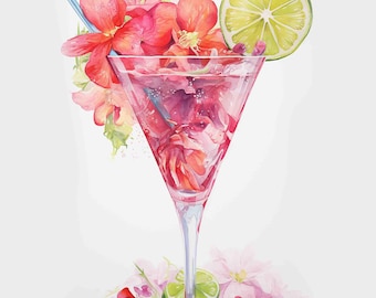 Watercolor Pink Cocktail Digital Art Print / Instant Download Printable Art Commercial Use